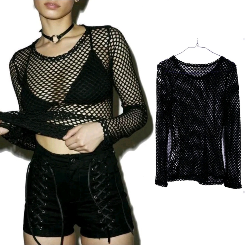 NWOT Goth Punk Black Fishnet Mesh Long Sleeve Top - Size M